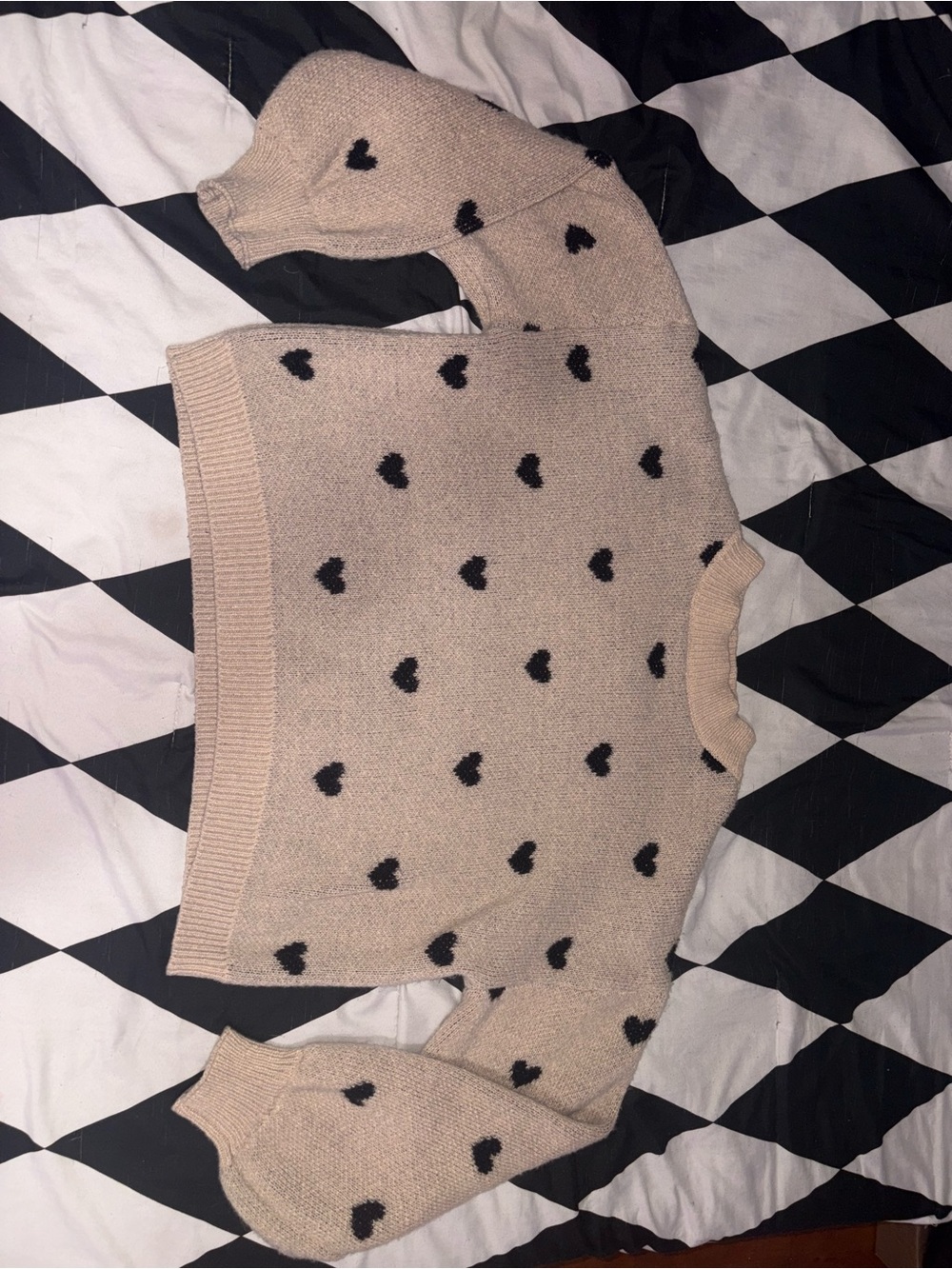 Beige and Black Heart Knit Sweater